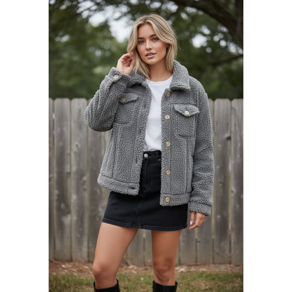 Polagram Sherpa Jacket Medium Taupe Faux Fur Button Front Teddy Coat